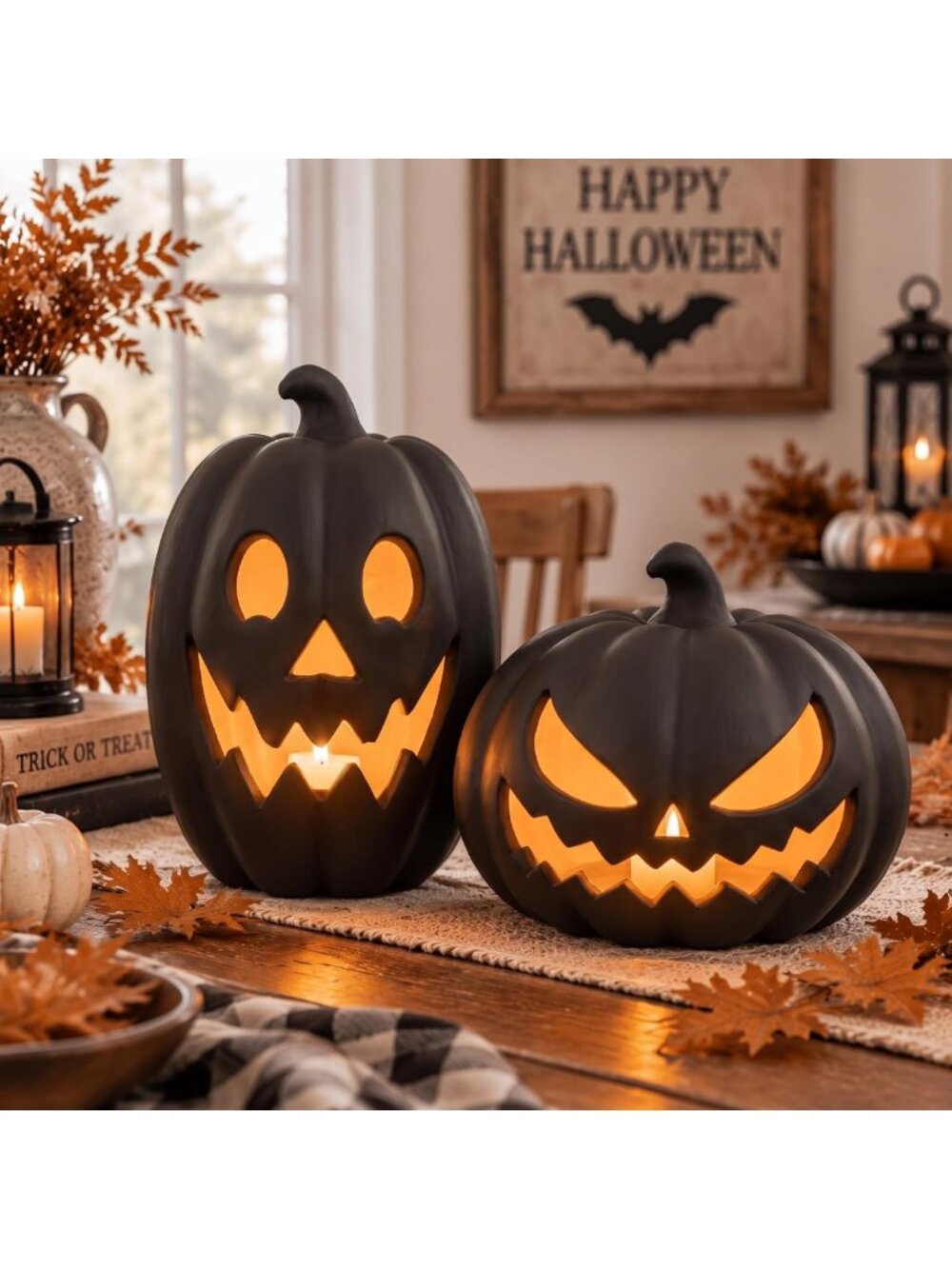 Set of 2 Black Terracotta Pumpkin Decor - Halloween Indoor Clay Jack-O-Lanterns